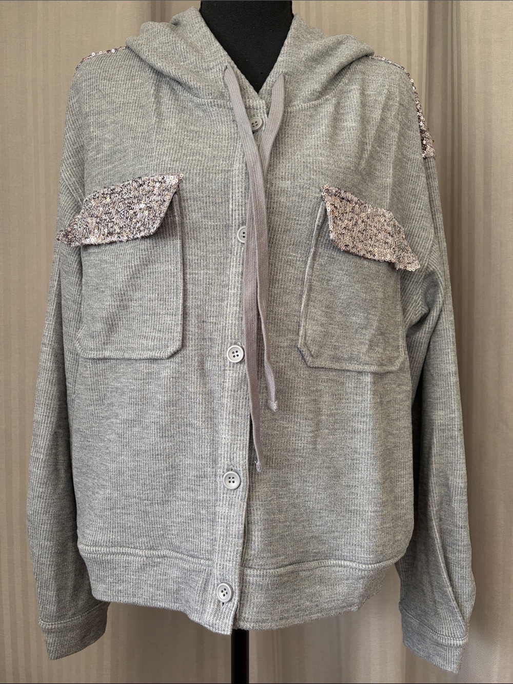 Light Gray Hooded Button Cardigan with Sequin Pocket Flaps & Shoulders w/Pockets